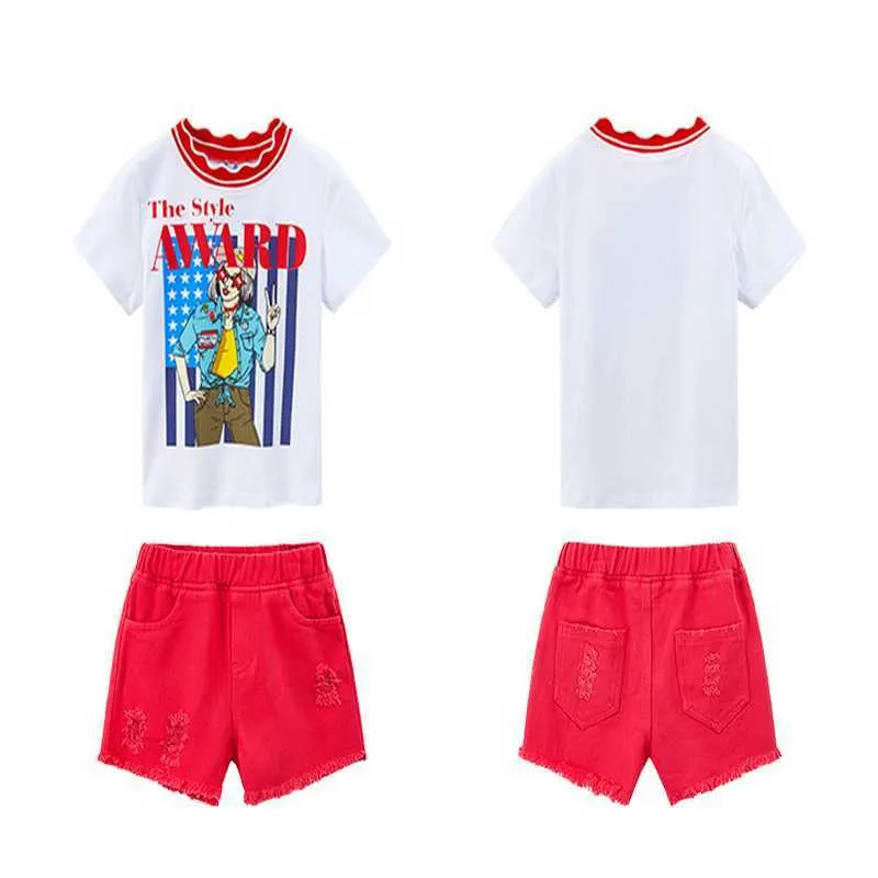 Été Adolescents Filles 2-pcs Ensembles T-shirts de dessin animé Top + Shorts rouges Vêtements de mode pour enfants E22077 210610