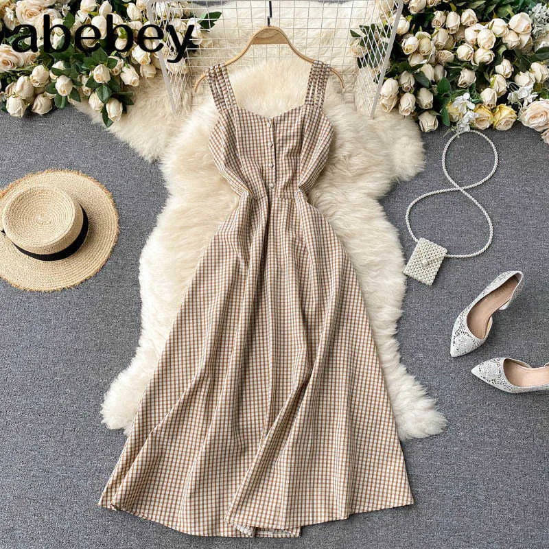 Kvinnor lång plädband klänning v nacke sommar vintage sundress ärmlös cami klänning boho hög midja a-line midi klänningar 210715