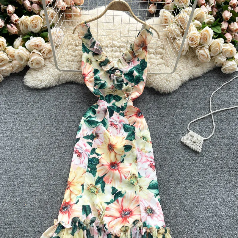 SINGREINY Women Summer Print Ruffles Dress Korean Elegant V Neck Sleeveless Evening Dresses Summer Bohemian Strap Short Dress 210419