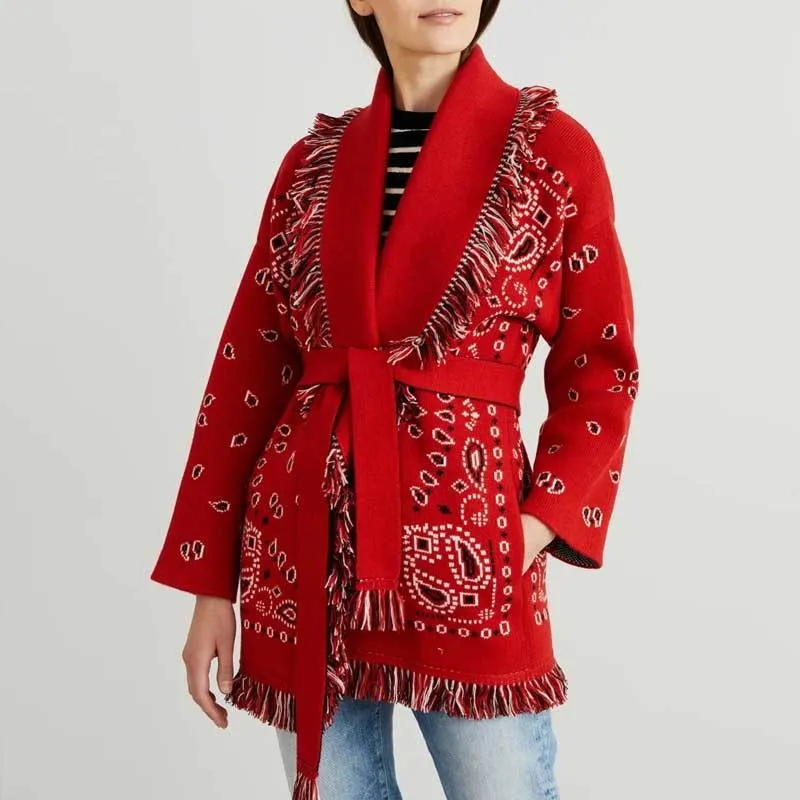 Inspired Kaszmirowy kardigan z frędzlami w kolorze czerwonym modny żakardowy sweter Zimowy kardigan z długimi rękawami o kroju oversize 210412