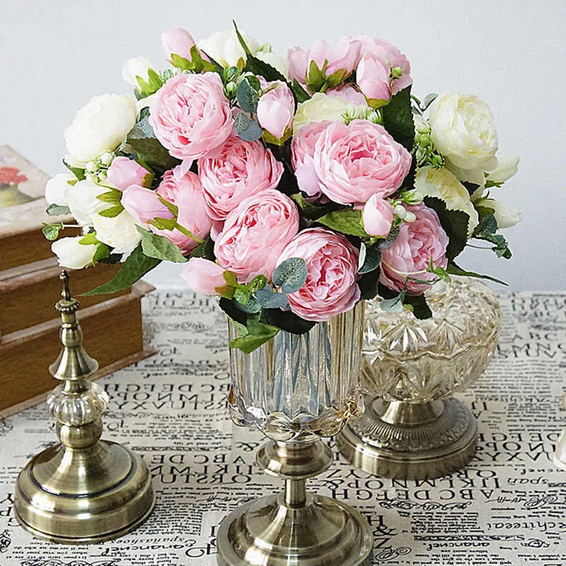 30 cm Rose Rose Soie Pivoine Fleurs Artificielles Bouquet Grosse Tête et 4 Bourgeon Fausses Fleurs Pas Cher pour La Maison De Mariage Décoration intérieure Y0639538302