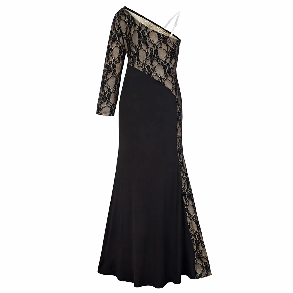Women Dress Long Sleeve Irregular Black Vintage Dresses Asymmetry Plus Size Lace Sexy Off Shoulder 210524
