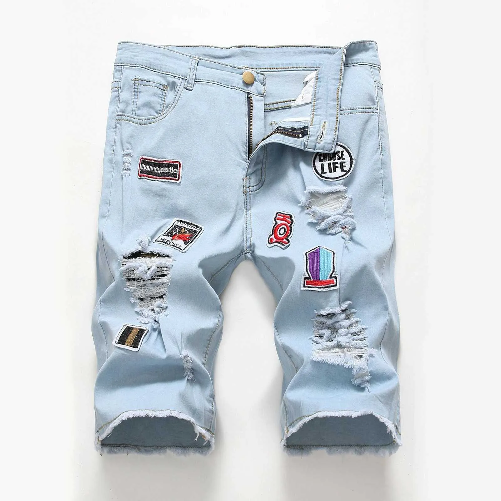 2021 zomer nieuwe mannen slim fit gescheurde korte jeans mode vintage denim shorts grijze blauwe korte broek mannelijke print kleding x0705