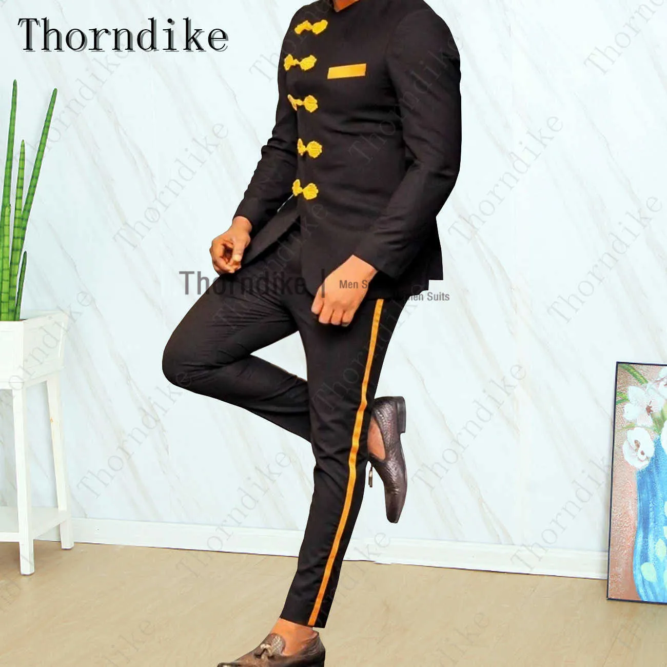 Thorndike Classic Design Black Blue Purple Men Suit Slim Fit Wedding Suit男性の新郎スタンド襟タキシードアフリカの結婚式WEAR x0909