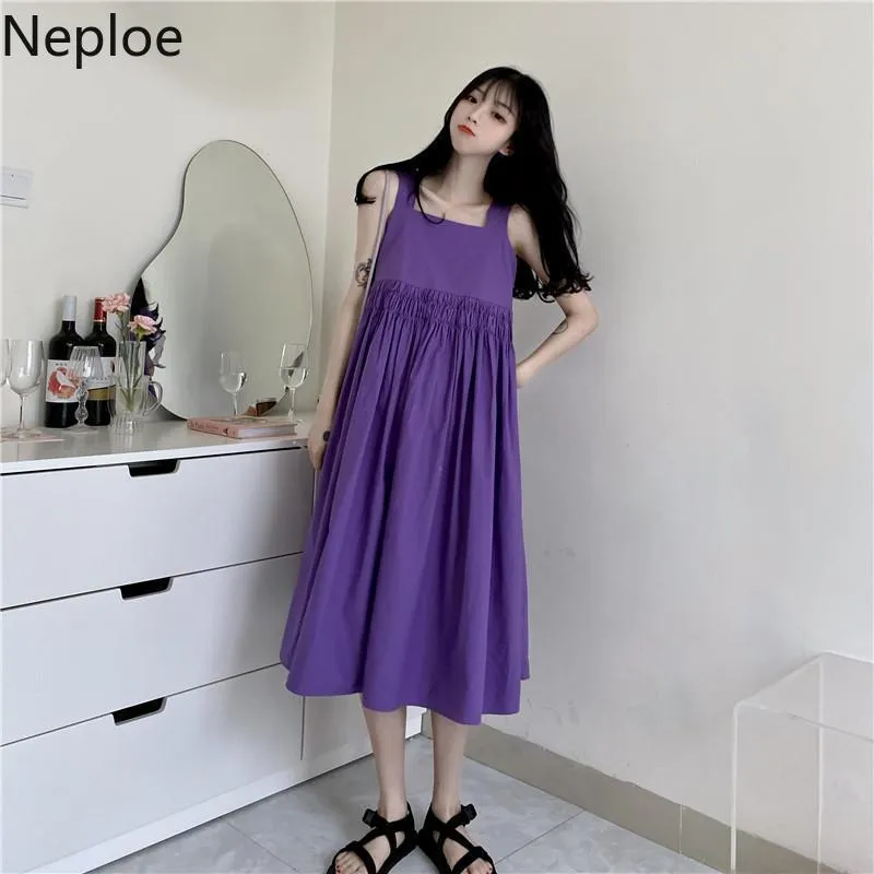 Neploe Maxi Dresses for Women Korean Temperament Robe Square Collar Sleeveless Dress Sexy Bow Backless Loose Vestidos 95412 210422