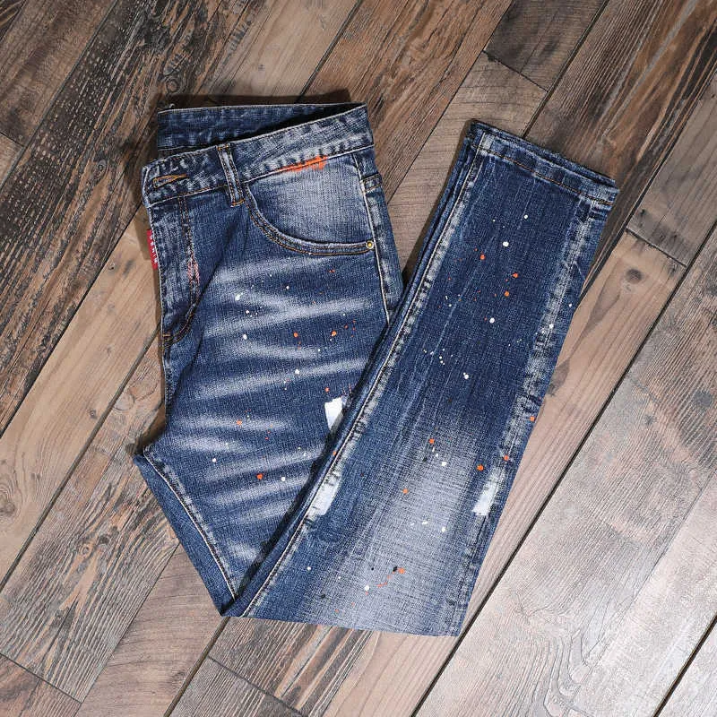 Mode Streetwear Men Jeans Slim Fit Elastic Destroyed Ripped Denim Trousers Målad Spliced ​​Designer Hip Hop Punk Biker Pants 210716