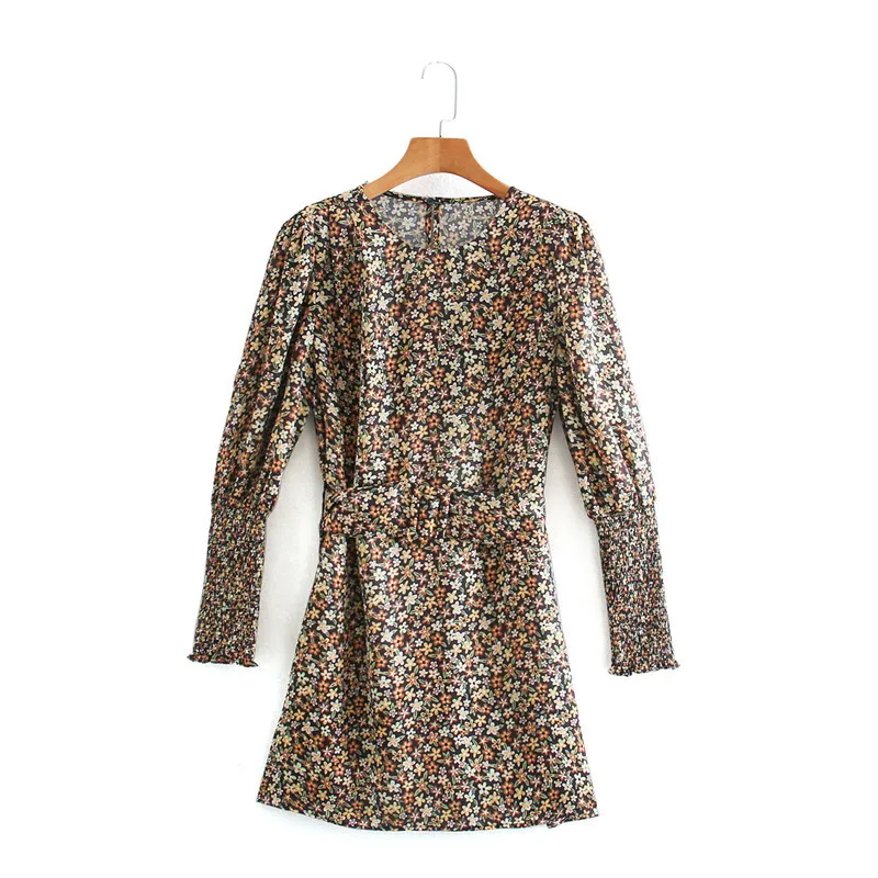 Geel Floral Print Mini Jurk Dames Herfst Winter Elastische Manchet Bladerde Puff Long Sleeve Riem Dames Elegante ES 210519