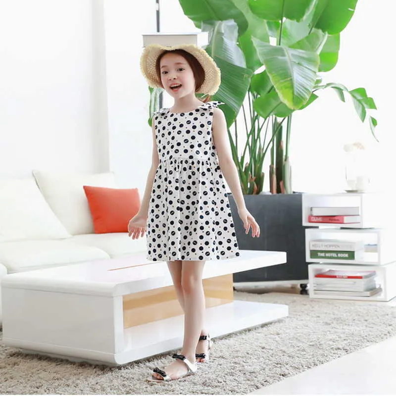 Koreaanse stijl zomer tieners meisje jurk mouwloze dot vakantie jurken kinderen mode kleding E0128 210610