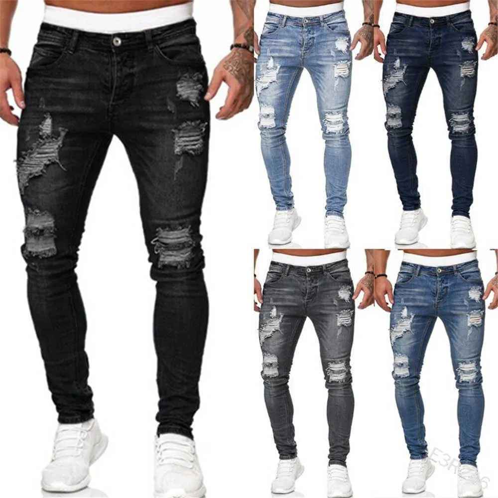 2021 mode jeans män rippade skinny jeans blå penna byxor motorcykel fest casual byxor gata kläder denim jogger byxor x0621