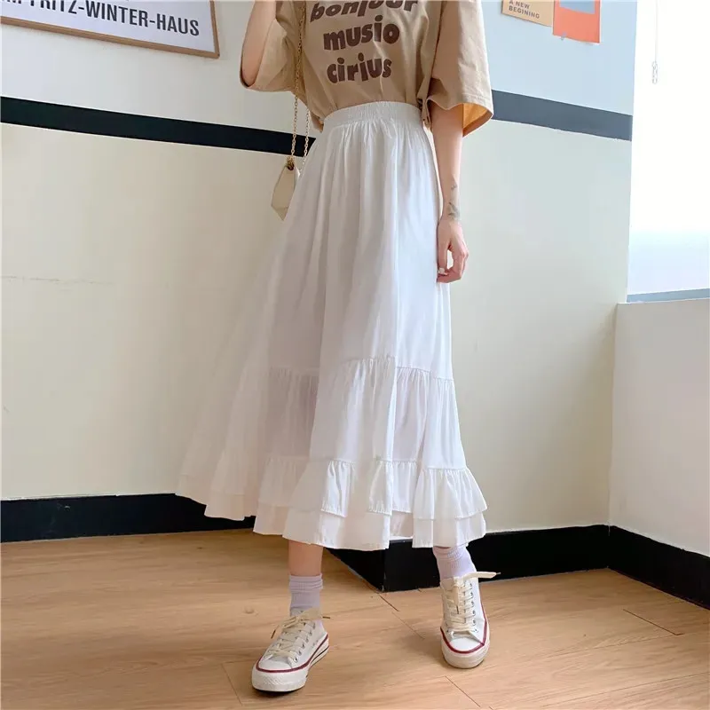 Falda plisada larga con volantes morados Verano Mujeres Harajuku Cintura alta Faldas blancas Coreano Color sólido Moda A-Line 210421