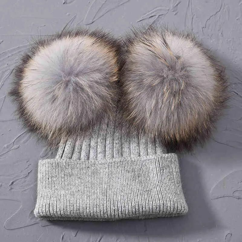 Vrouwen Winter Mode Meisjes Gehaakte Beanie en Voor Volwassenen Gebreide Wol Dubbele Twee Pompom Bont Hoed