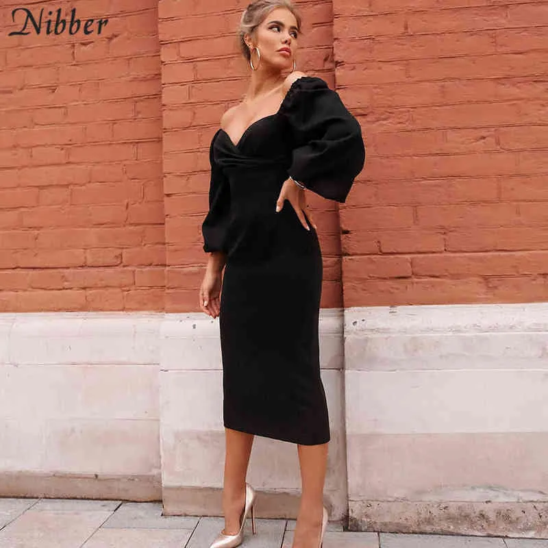 Nibber sexy reines V-Ausschnitt schulterfreies, figurbetontes Kleid für Frauen Clubwear Weihnachtsfeiernacht Grundlegende elegante Midi-Kleider Mujer Y1204