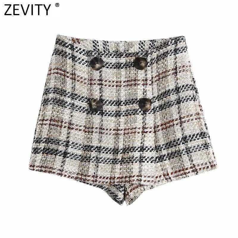 Zevity Donna Vintage Vita alta Plaid Stampa Bottoni Pantaloncini di tweed Gonne Lady Side Zipper Chic Casual Slim Pantalone Cortos P1027 210603