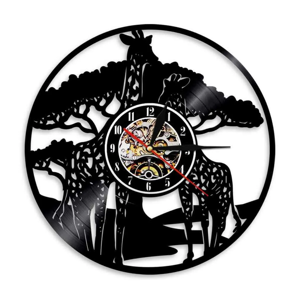 Zürafa Vinil Kayıt Duvar Saati Modern Yaratıcı Hayvanat Bahçesi Dekoratif Zaman Saatleri İzle Çocuklar Için LED Sessiz Kuvars Hayvan Tema Hediye X0726