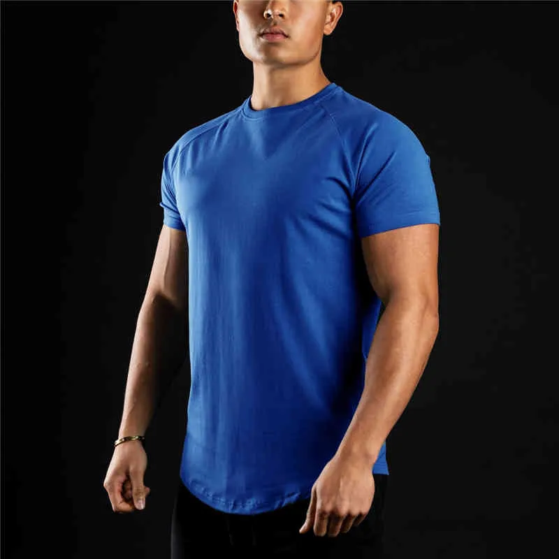 Fitness Solid Workout Tee Top Gym Men Cotton Breathable Sports Short Sleeve T-shirt Summer Fashion Brand O-Neck Slim Fit Tshirt 210421