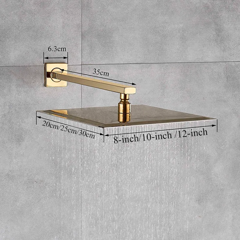 Gold Polish 8"/10"/12" Square Rainfall Shower head Bathroom Ultrathin Rain Shower Head with Shower Arm Faucet Accessories Wall 210724