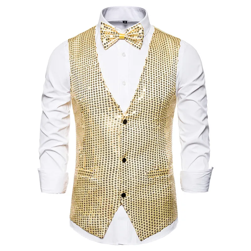 Glitter Sequins Men Shinny Vest Nightclub Party Stage Costumes Dress Vests for Men with Bow Tie Dance Show Mens Waistcoat Gilet 210524