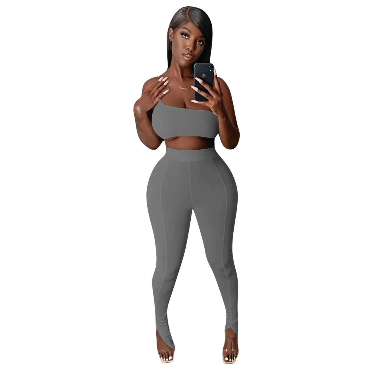 Fitness verano Activewear conjunto de dos piezas mujeres sólido un hombro sin mangas camisetas sin mangas Legging pantalones de chándal traje Jogger chándal