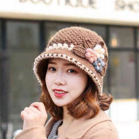 Black Ru Christmas New Year Round Roof Winter Knit Wool Thick Flower Hat Knitted Women Girl Lady Cap Head Warmer Outdoor Hats Y21111