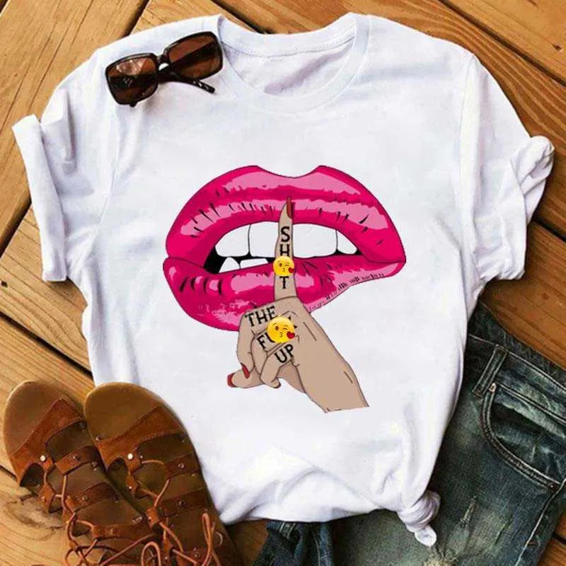 2021 Nieuwe T-shirt Dames Lippen Gedrukt Mode Grafische Gedrukt T-shirt Harajuku Casual Dames Korte Mouwen Vrouwelijke T-shirts Kleding X0527