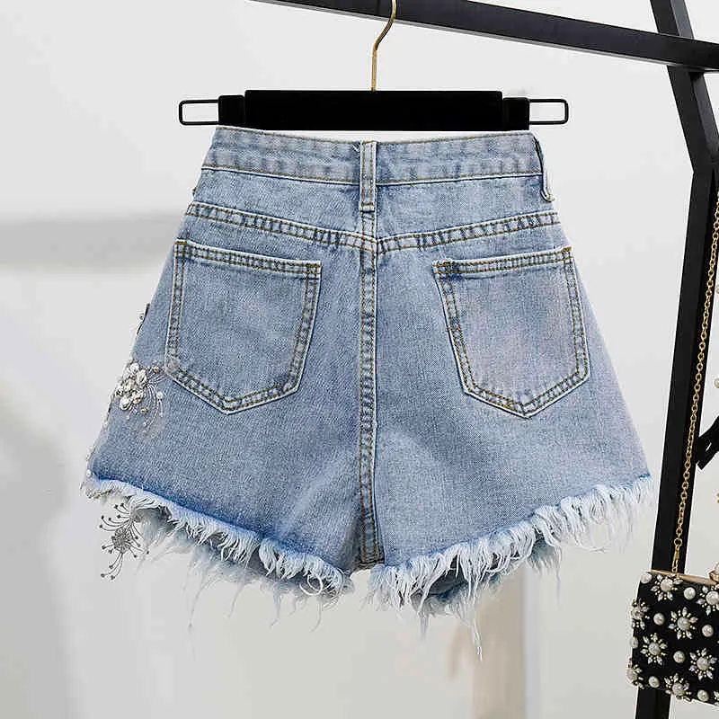 Été femmes 2 pièces ensembles broderie 3D fleur T-shirt Denim Shorts ensembles Vintage perles Shorts ensembles 210331