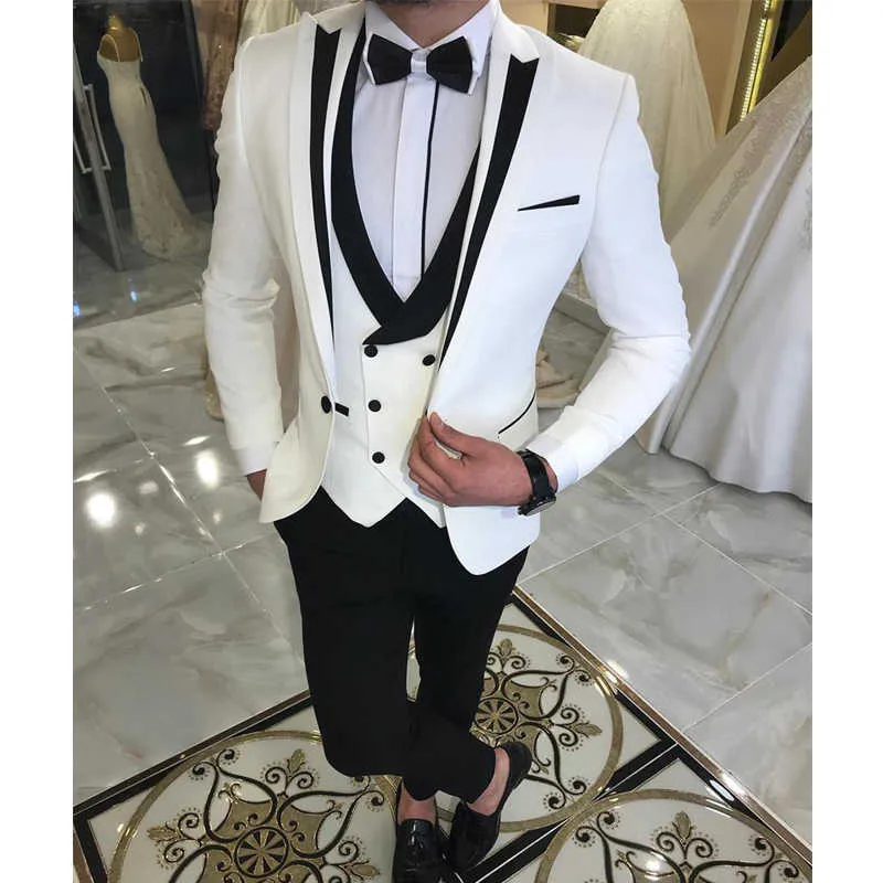 White Slim Fit Men Suits for Groom Double Breasted Waiscoat Male Fashion Jacket with Black Pants Wedding Tuxedo 2021 X0909