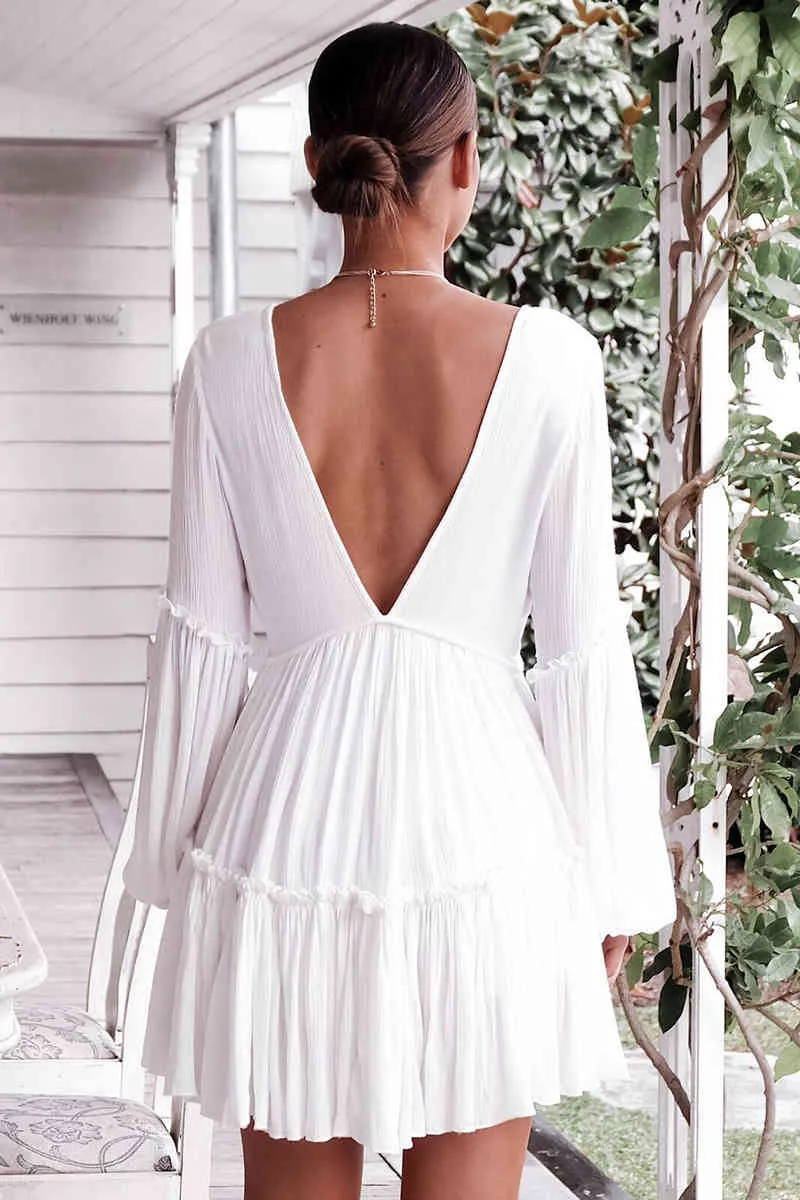 Vrouwen jurk diepe v-hals backless sexy es lantaarn mouw korte witte plus size bohemian es zomer 210513