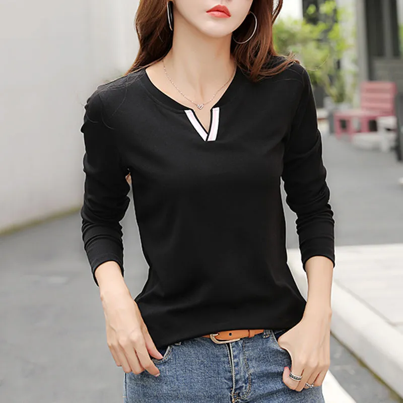 T-shirt in cotone 100% con scollo a V T-shirt da donna a maniche lunghe moda primavera T-shirt da donna allentata stile coreano Camicie da donna taglie forti Coagulo