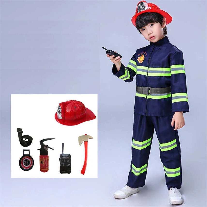 キッズコスプレの消防士軍のスーツのためのFireman Sam Policeの一様なハロウィーンの衣装の男子少年カーニバルパーティークリスマスギフトQ0910