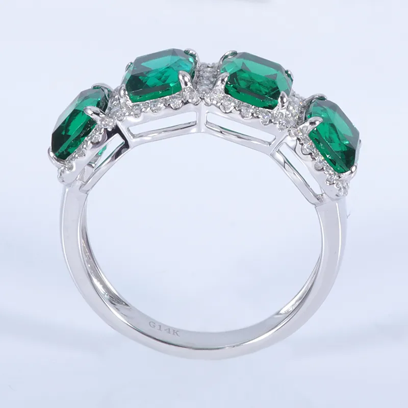 5x6 mm langwerpige synthetische Emerald 14K witgouden verlovingsring met melee moissanietstenen geplaveid rond 2024915