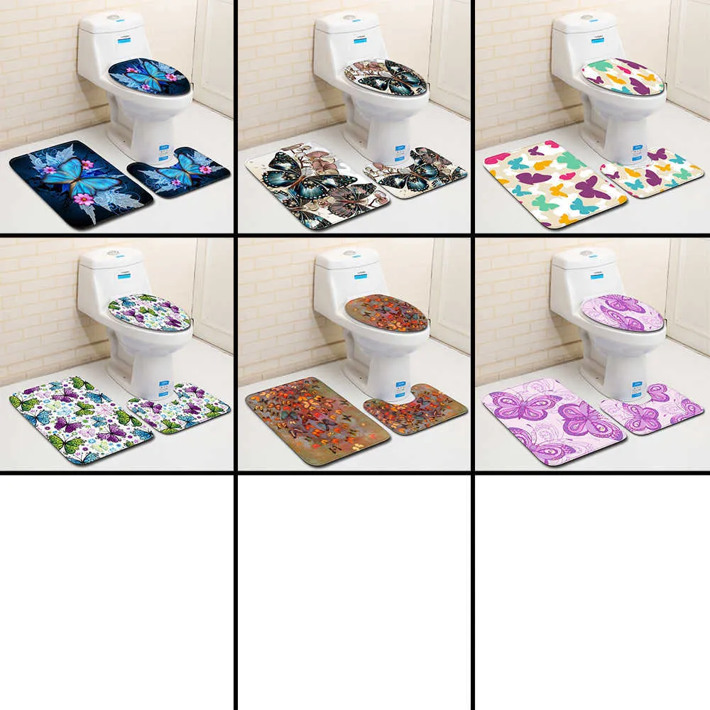 3-teiliges Badematten-Set, 3D-Schmetterling, WC-Badezimmer-Set, WC-Matte, Teppiche, Bäder für Duschraum, Flanell, Memory-Schaum, Anti-Rutsch-Matte, Teppich 210724