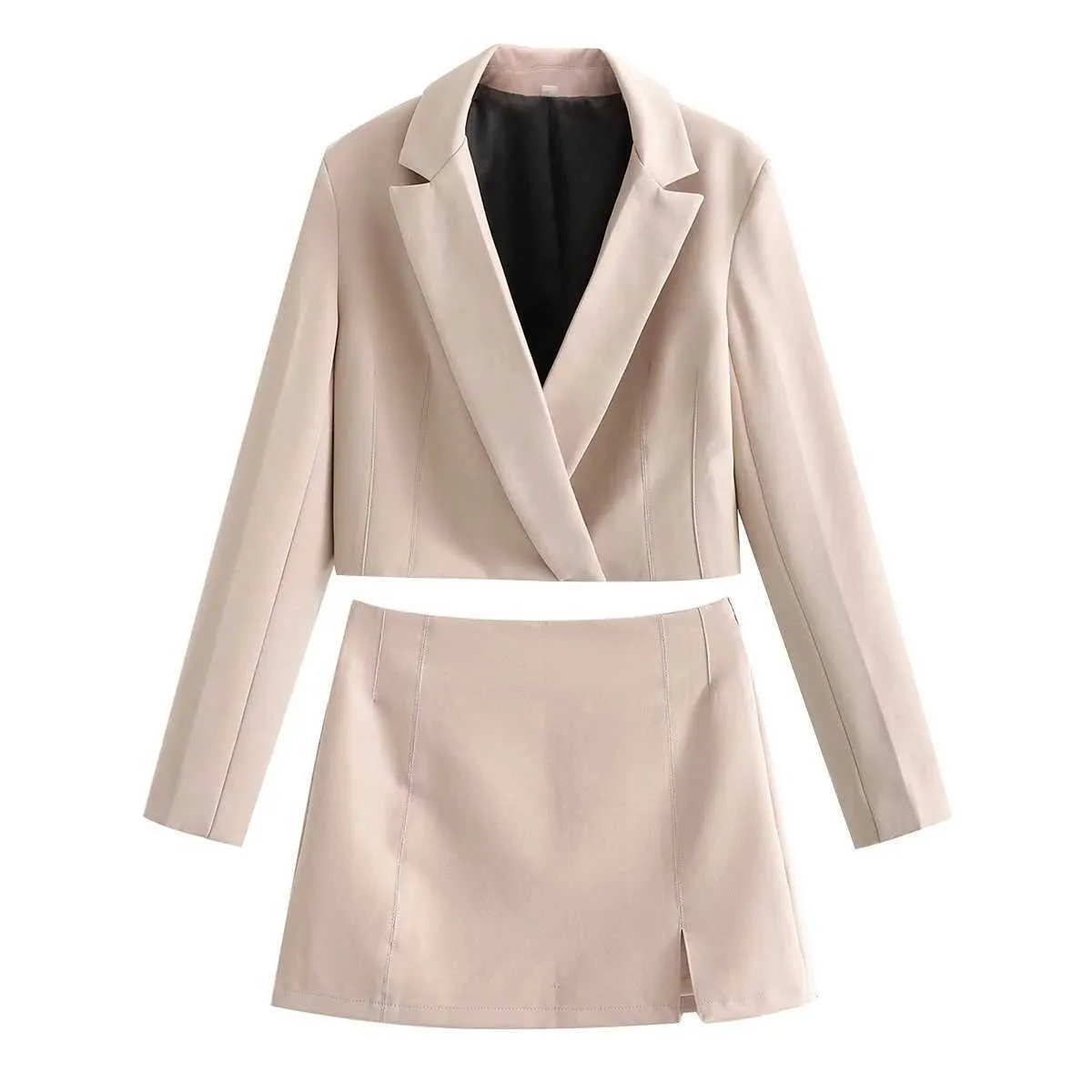 ZA Kadınlar Moda Yüksek Bel Kısa Suit Ceket Vintage Kadın Giyim Bölünmüş Kalça Etek 2-piece Set Xitimeao 211006