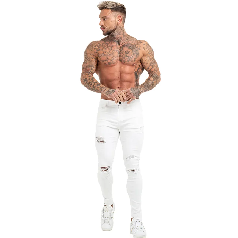 Gingtto vit hip hop högsträcka skinny jeans midja elastiska byxor för män plus storlek silm passform