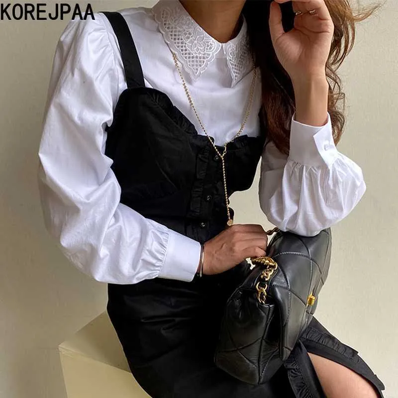 Korejpaa Kvinnor Skjorta Vår Koreanska Mode Retro Broderad Hollow Lapel Tillbaka Single-Row Button-Down Loose Blouses Top 210526