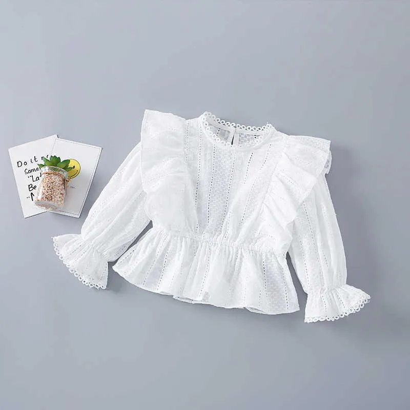 Spring Kids Girls 2-pcs Sets White Lace Long Puff Shirts + High Waist Denim Shorts Children Casual Style Clothes E035 210610