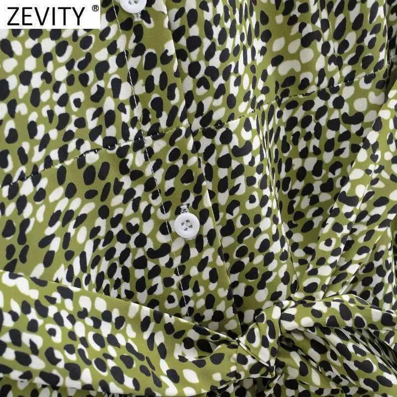 Zevity Women Vintage Leopardプリントグリーンシャツドレス女性長袖弓Tied SashesカジュアルスリムビジネスVestido DS4741 210603