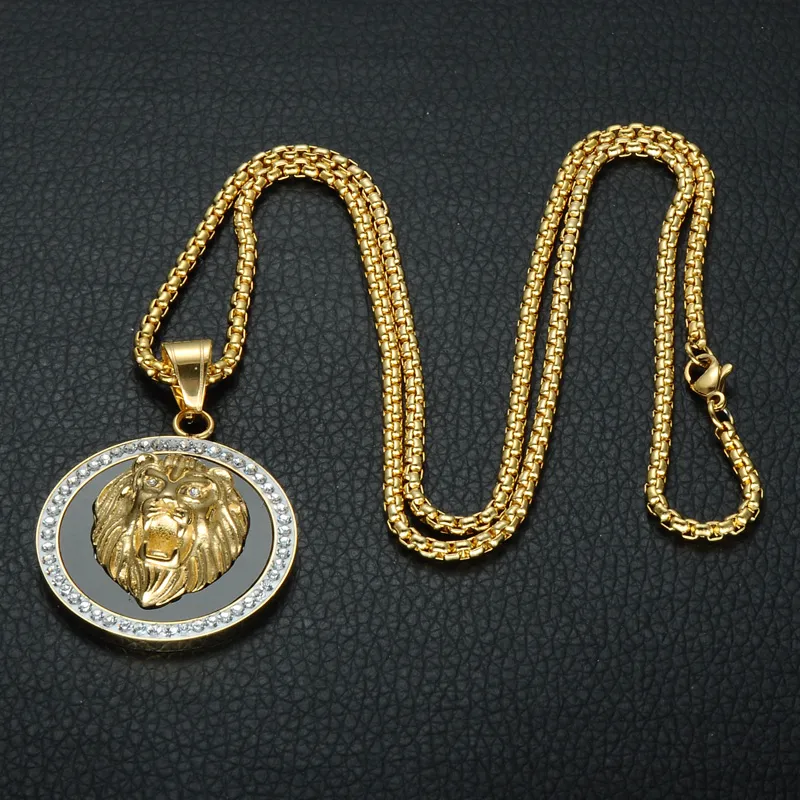 HIP Hop Gold Color Stainless Steel Bling Iced Out Rope Chain Lion Pendants & Necklaces for Men Jewelry