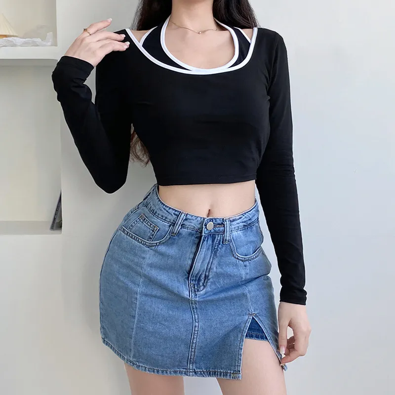 Ezgaga Long Sleeve T Shirts Women Autumn Contrast Hollow Out Off Shoulder Girl Sexy Halter Tops Thin Streetwear Backless Casual 210430