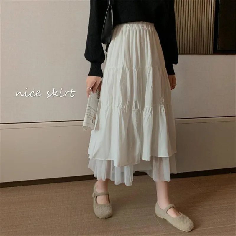 Jupes longues à taille haute pour femmes Midi plissée Mode Harajuku Style coréen Blanc Noir School Girl Maxi 210421
