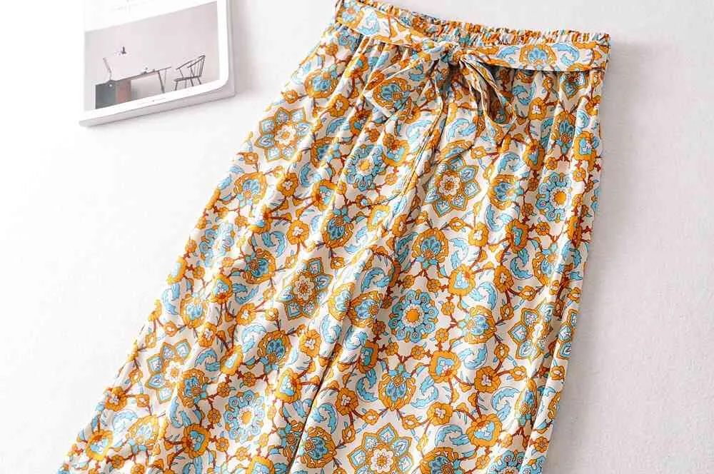 Bohemian Paisley Flower print Wide Leg Pants Hippie Woman Holiday Elastic Waist Bow Full length Trousers Femme Casual 210429