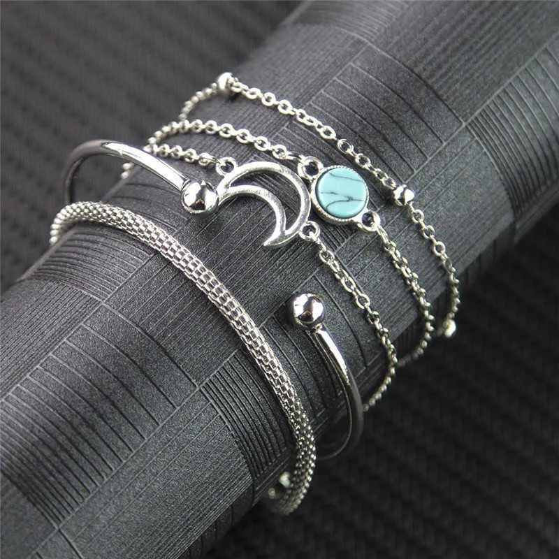 / Set Bohemian Pärlor Moon Circle Layered Armband Set för Kvinnor Handgjorda Kedjor Rope Justerbar Bangle Set Anklet 2020 Ny Q0719