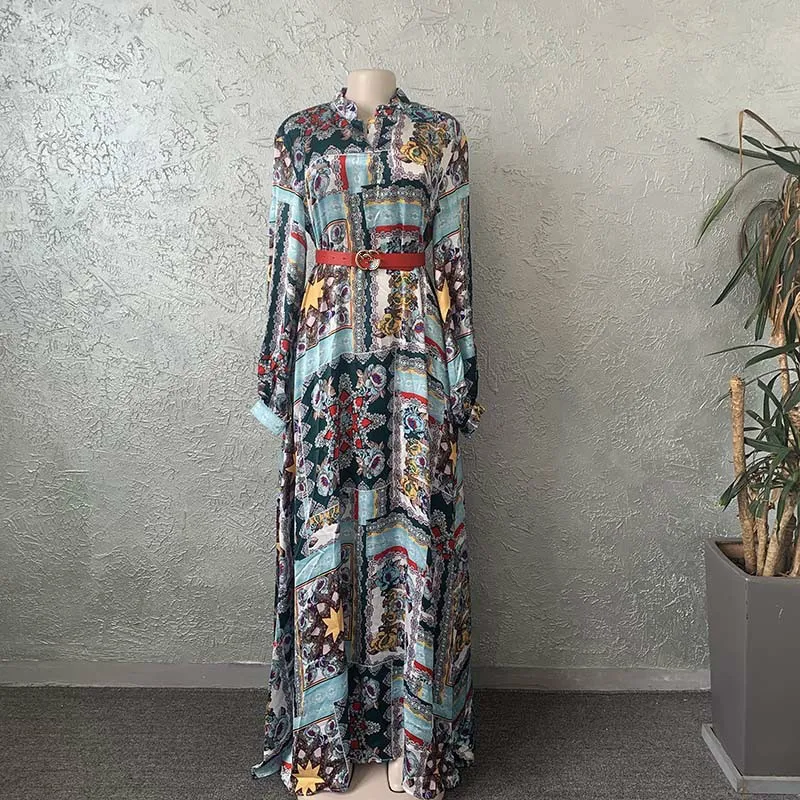 Bohemian manga comprida impressão vestido tornozelo comprimento colarinho tecido de cetim com vestidos de cinto comfertable moda mulheres africanas elgamt 210416