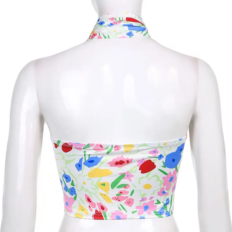 Floral Impresso Sexy Cut out Horter Y2K Crop Tops para Mulheres Moda Verão Sem Mangas Tee Tank Outfit Festa Streetwear 210510