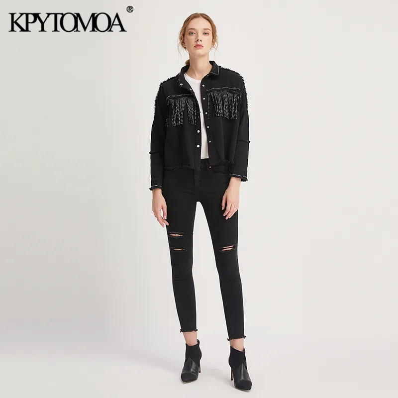 KPYTOMOA Moda Donna Nappa in rilievo Giacca di jeans oversize Cappotto Vintage Manica lunga Orlo sfilacciato Capispalla femminile Chic Top