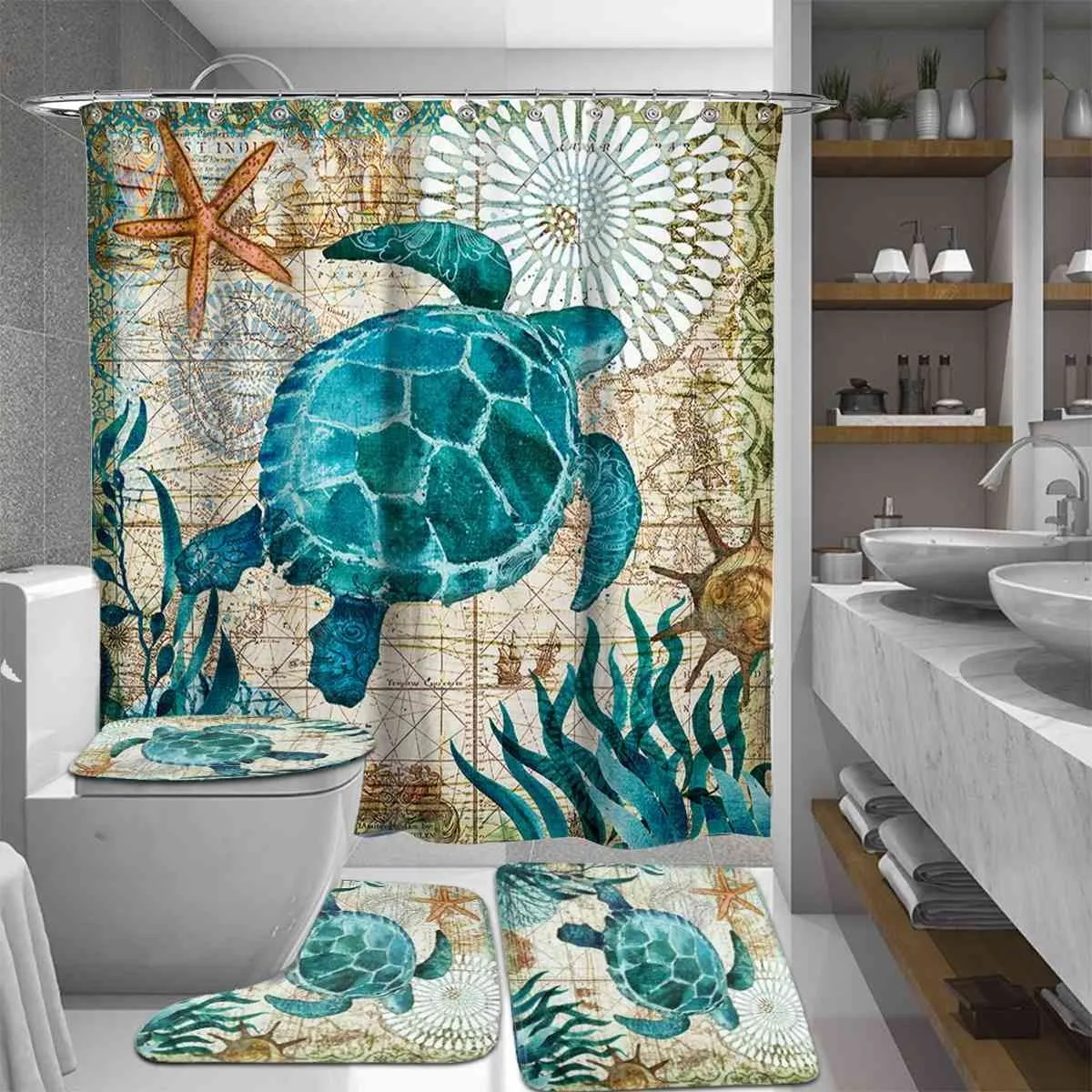 Ocean Beach Shell Морская черепаха слон душевая занавеска 3D водонепроницаемые шторы для ванной комнаты Пьедестал крышка туалетная крышка для ванны Мат набор 210402