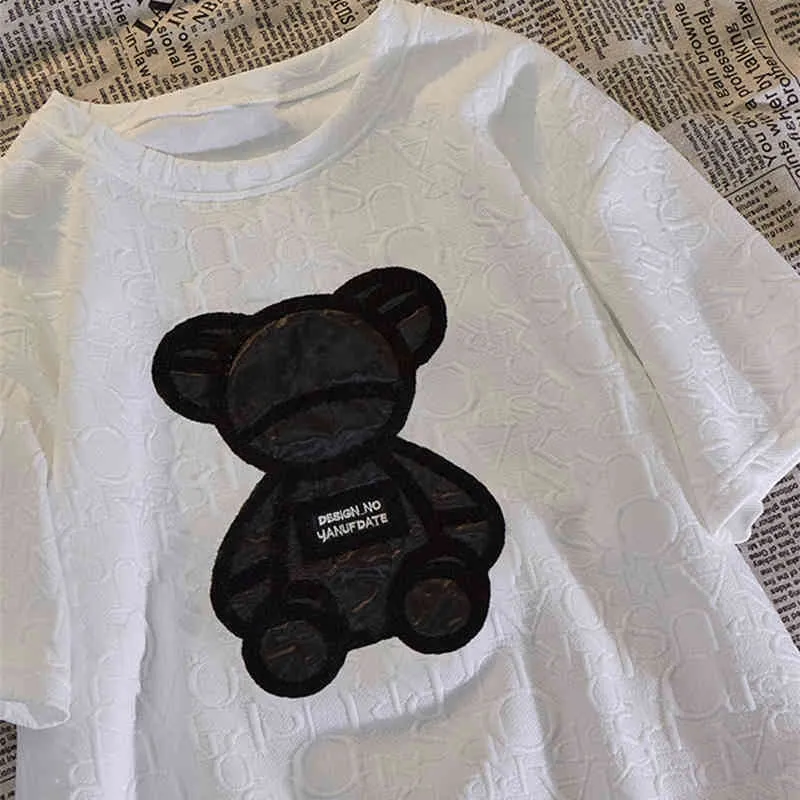 Women's T-shirts Harajuku Girls Plus Size Tops Letter Jacquard O-neck Short Sleeves Loose Summer Tshirt Bear White Tees M-5XL Y0508