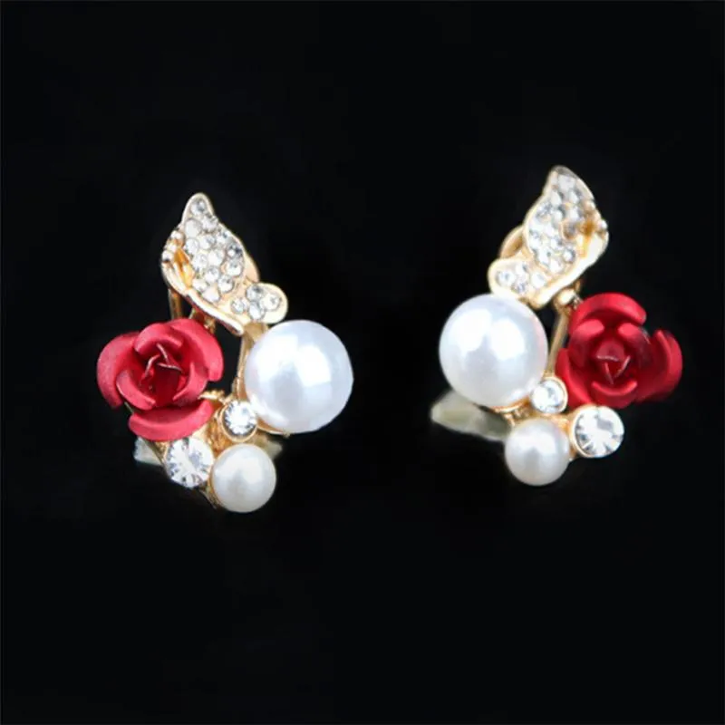 Stud Flower Earrings Beautiful Red Rose Imitation Pearl Crystal Girl Simple Ear Jewelry Gift2461