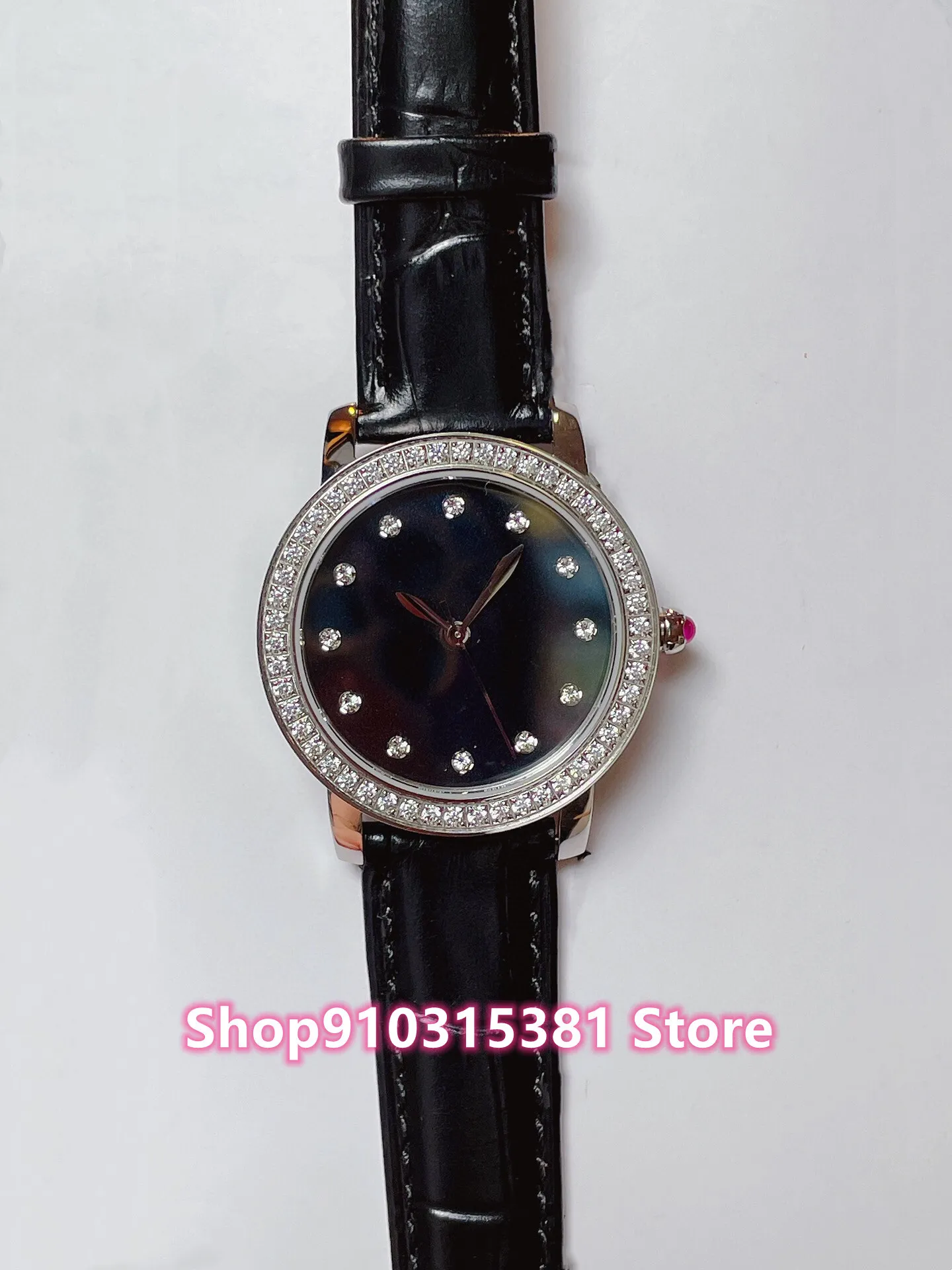 Classic Brand Women Zircon Quartz Wristwatch Rose Gold Silver Mother of Pearl Leather Watch Female Crystal Diamonds Clock 32mm
