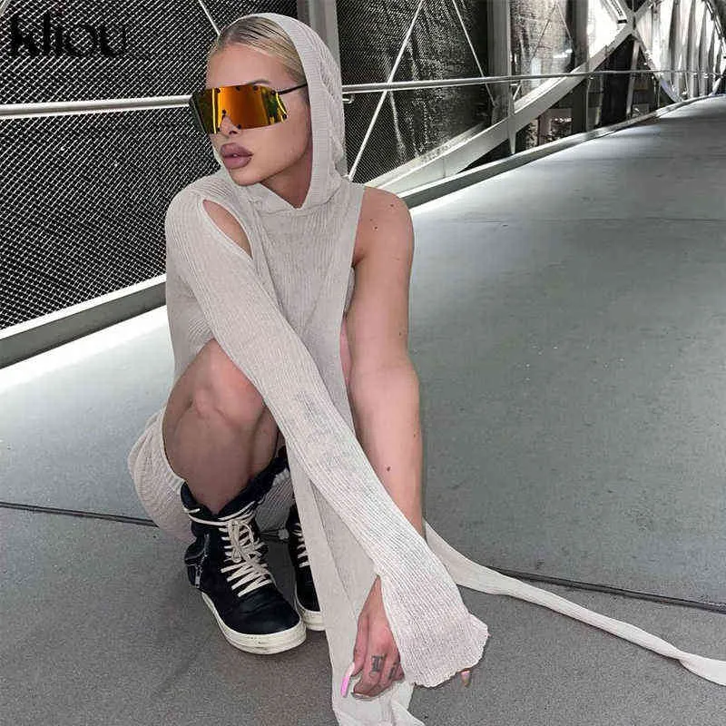 Kliou Knitted Dress Women Sexy See Through X-Long Hoody Tops+One Shoulder Drawstring Ruched Robe Skirt Hipster Future Streetwear Y1204