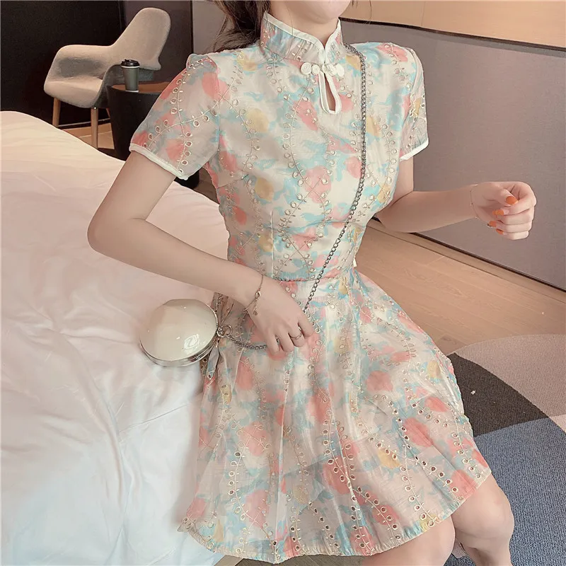 Kinesiska Cheongsam Design Fashion Women's Summer Floral T-shirt + Kjolar 2 st Set Kvinnliga kostymer Klänningar 210428